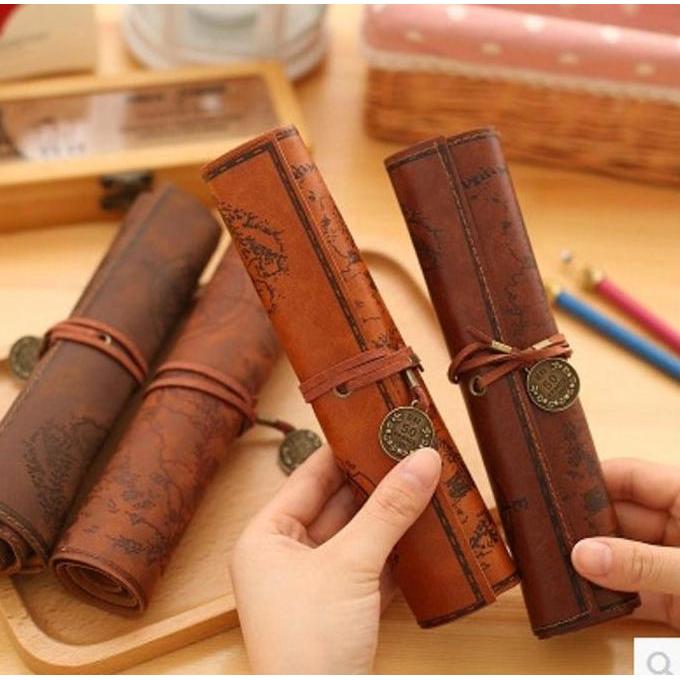 Kotak Pensil Gulung Edisi Peta Harta Karun Bahan Kanvas Kulit SK0082