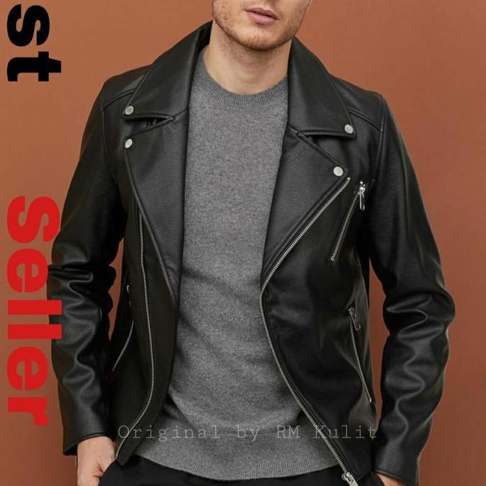 Jaket Parka Pria Kulit Asli Oscar Jaket Ramones Kulit Flanel Elegant Santai Slim-fitting Polos Hitam
