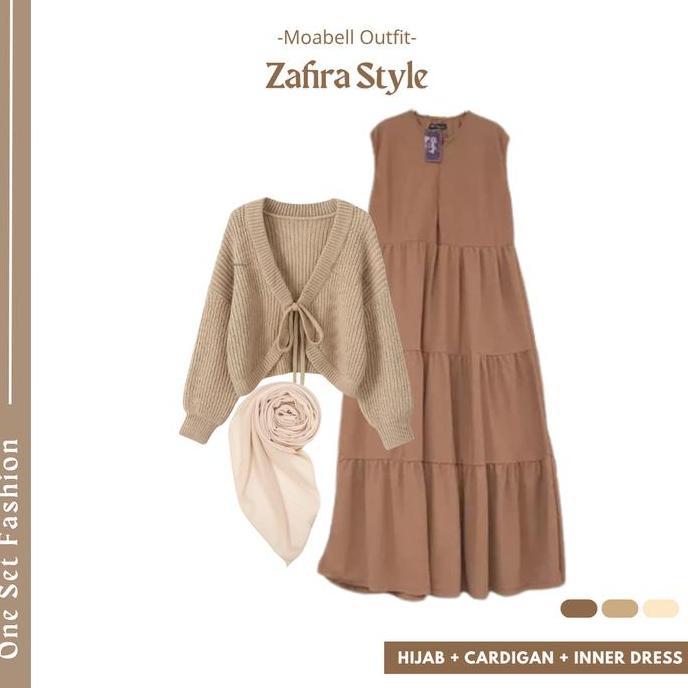 Zafira Style One Set 3in1 (Cardigan, Inner Dress, Hijab Segiempat) Setelan Wanita Kekinian Blouse At