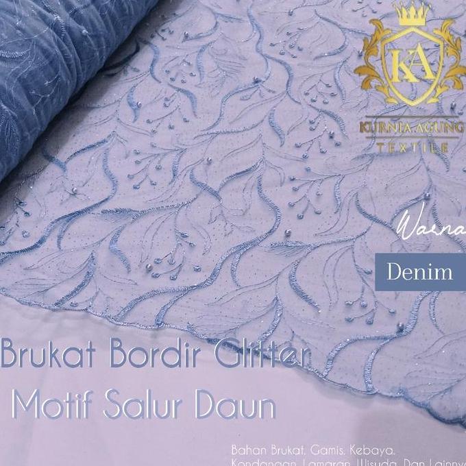 Cuci Gudang  Kain Bahan Kebaya Brukat Tile Mutiara Glitter Motif Salur Daun Warna Biru Denim Di Jual