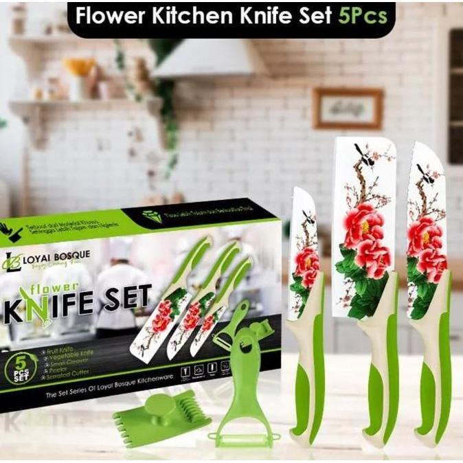 Pisau Set 5in1 Motif Bunga / Flower Knife Set isi 5pcs Pisau Dapur Best