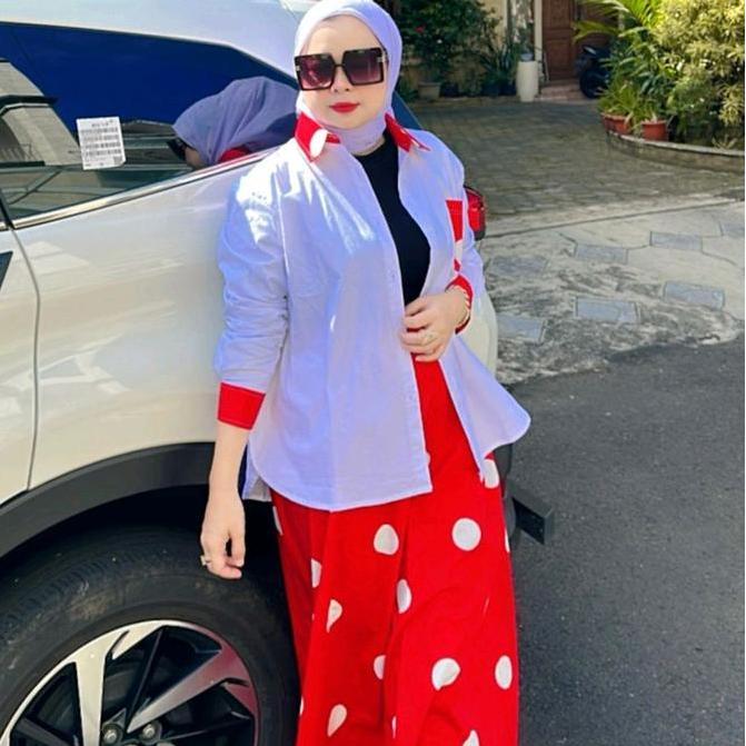 Mercy set Rok polka merah rempel katun muslim Setelan Polkadot