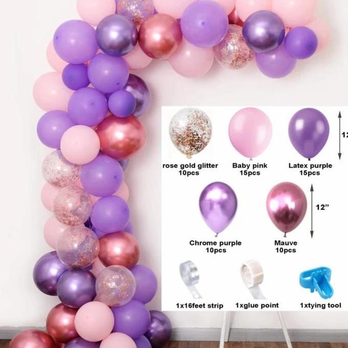paket garland balon latex mix 65 pcs ungu pink disney mermaid birthday Gold Rose
