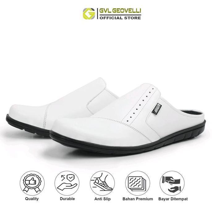 GVL Geovelli - Sepatu Selop Pria Putih Kulit Sandal Bustong Laki laki Sendal Bustong Casual Shoes Pa