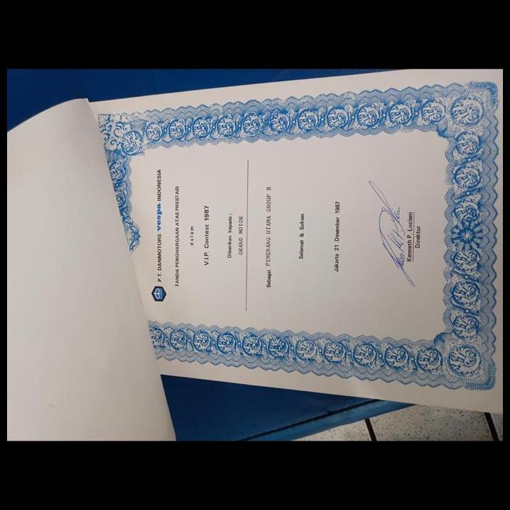 TERLARIS SURAT TANDA PEMENANG VIP CONTEST VESPA PT DANMOTOR ORI DELER