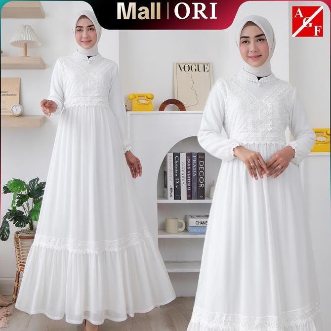 Agnes Hijab - Jihan Dress Gamis Putih Lebaran 2026 Terbaru Gaun Pesta Mewah Simple Elegan Baju Musli
