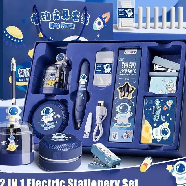 Jual 12 In 1 Electric Stationery Set Set Alat Tulis Elektronik Rautan Penghapus Vacuum Pencil Set Al