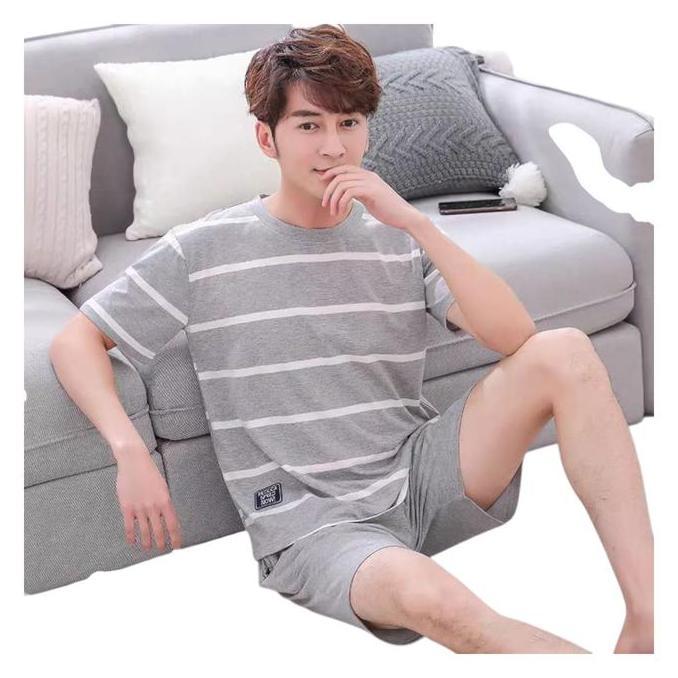 Baju Tidur Piyama Cowok Pendek Bahan Kaos Katun Tebal Celana Panjang Dewasa Setelan Nyaman Size L XL