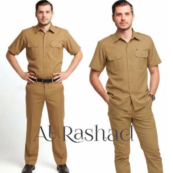 Setelan Seragam Dinas Pria Lengan Pendek Warna Khaki Bahan American Drill untuk ASN dan PNS