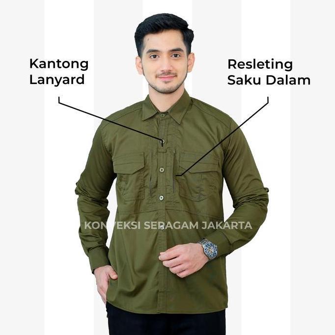 Baju Kemeja Tactical Pria Lengan Panjang - Seragam Kerja Dinas Lapangan Tactical Warna Hijau Army - 