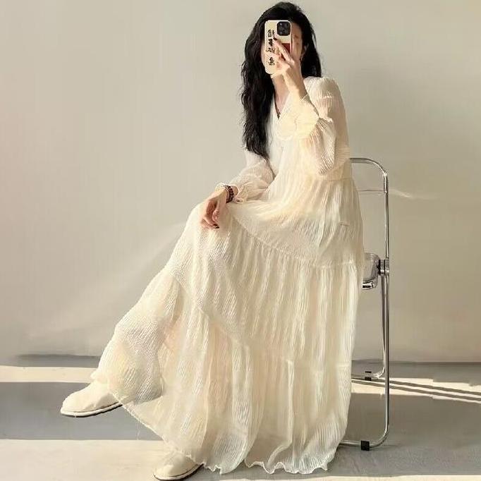 Xyxy- Gaun Wanita Cream Sifon Lengan Panjang Warna Putih Casual Long Dress Home Dress Busui M505