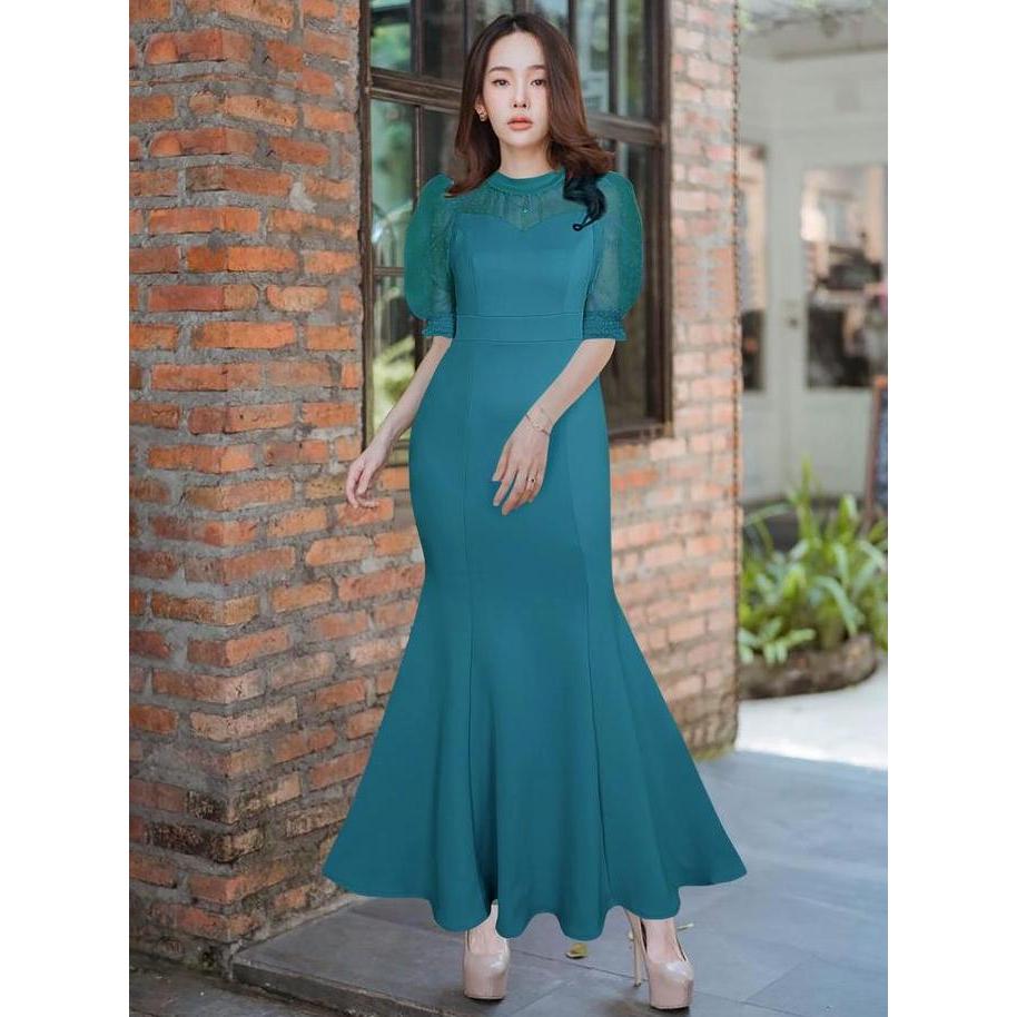 LooWear- Dress Pesta Wanita Mewah Elegan Lengan Puff Tile 3/4 Rok Duyung Mermaid Bahan Scuba Premium