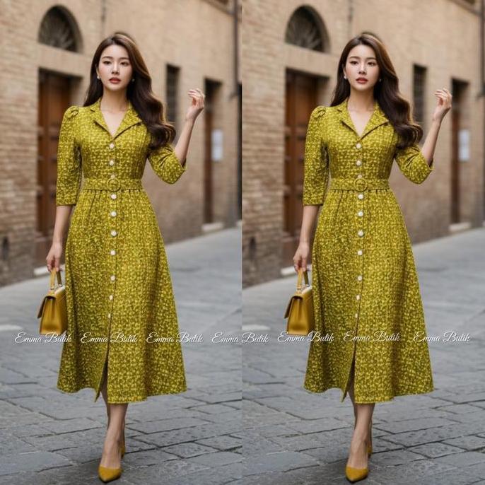 Xyxy- Emma Butik E00196 Midi Dress Jacquard Gaun Wanita Formal Dress Kancing Dress Gereja Mewah Panj