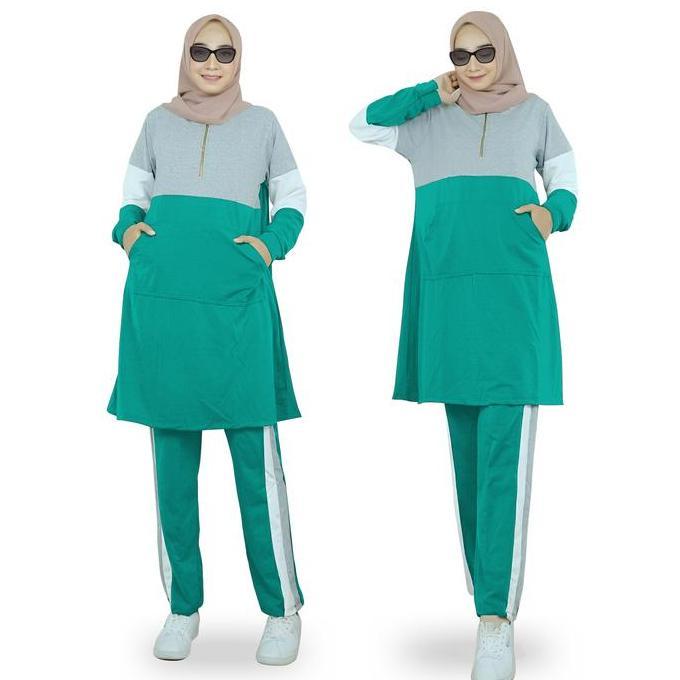 Newrilis- Rafika Set Setelan Training Olahraga Senam Wanita Muslimah Babyterry Lengan Panjang Size L