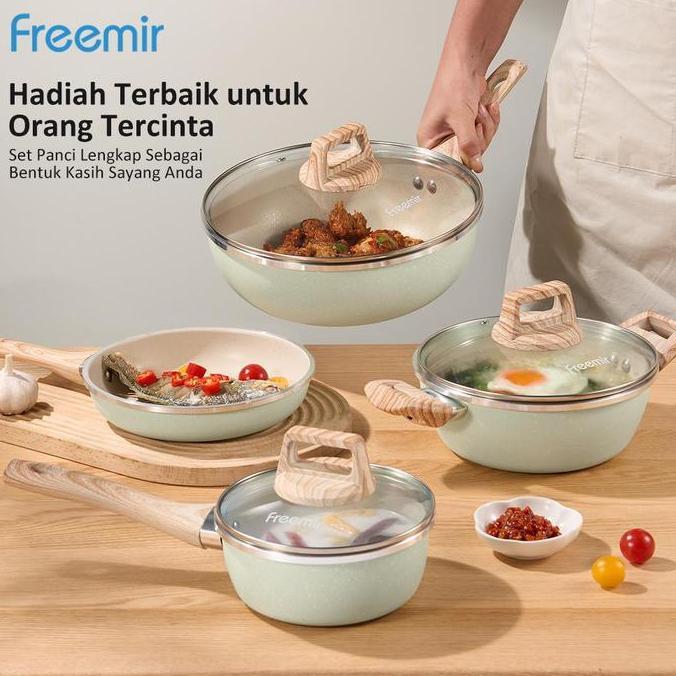 Cookwe- [Crehom] [Bonus Pisau] Freemir Green Set 4 Pcs Wajan Panci Penggorengan Warna Hijau Wajan Pe