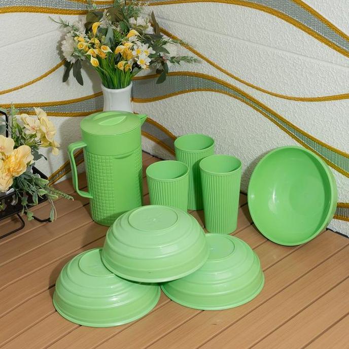 Terpopuler- Yoi - (8 Pcs + Gratis 1 Pcs)  Set Peralatan Makan / Set Piring, Mangkuk, Teko, Dan Gelas