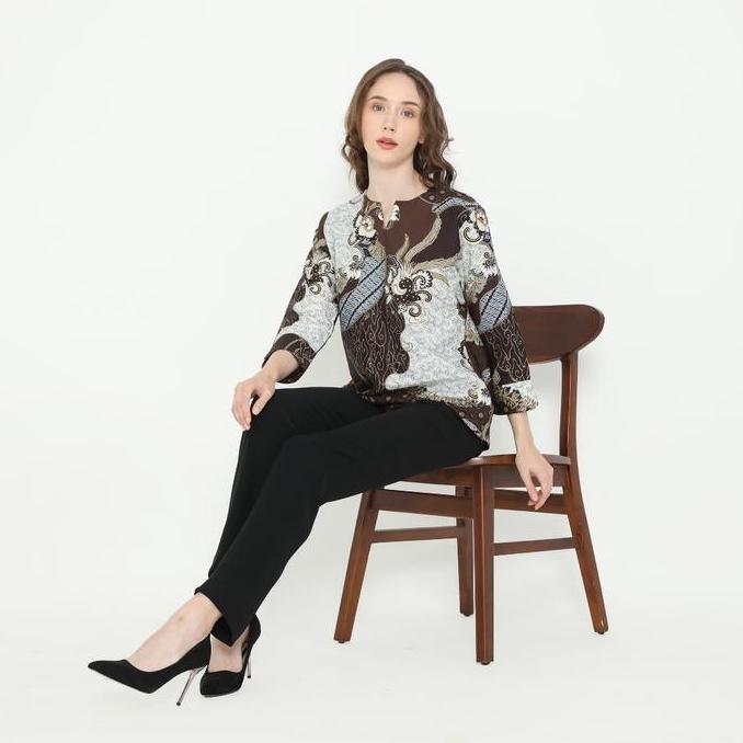 Gratong Blouse Batik Wanita Atasan Batik Wanita Lengan Panjang Warna Coklat Olr294