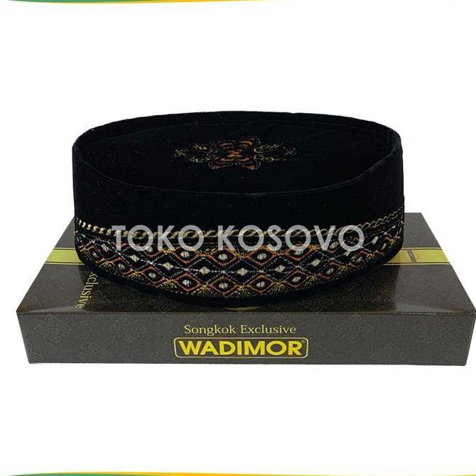 Uwouwo- Songkok Wadimor Bordir Ac Original Tinggi 9 Cm Peci Sholat Pria Dewasa Hitam Full Motif Bati