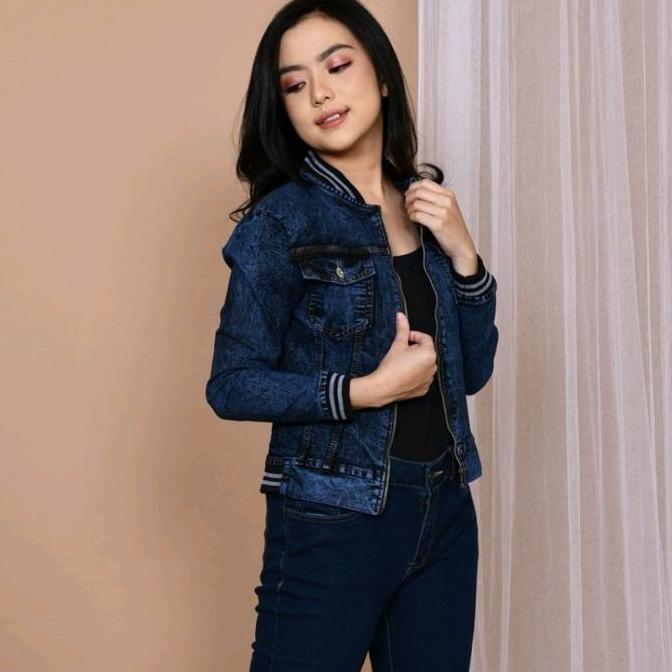 Unik Jaket Jeans Wanita Terbaru Jumbo Bomber Snow Resleting Denim Stretch Cewek Tangan Panjang Outer