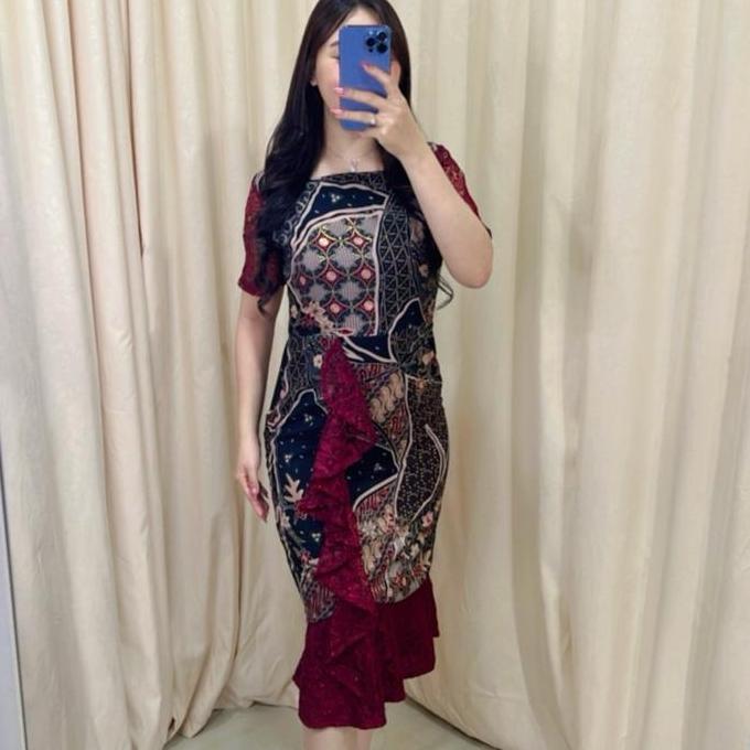 Grosir Dress Batik Vior Model Spesial Dengan Kombinasi Premium Batik Dan Brukat - Hitam, Maxi, Konda
