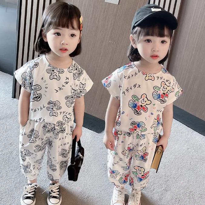 BAJU ANAK SETELAN SANTAI PEREMPUAN MOTIF CELANA PANJANG BEAR IMPORT KODE 818