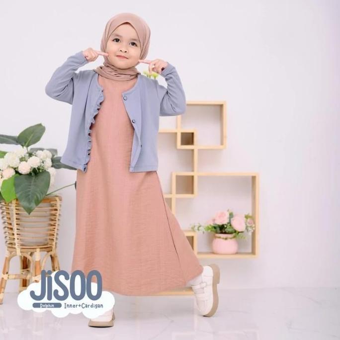 Setelan Midi Dress Outer Anak Perempuan Jisoo ( inner & cardigan ) 1-8 tahun Baju Muslim Tanpa Jilba