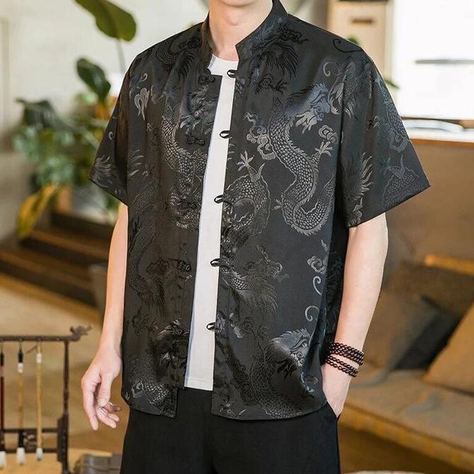 Restok CheongSam Pria Lengan Pendek Motif Naga Import