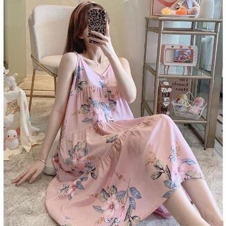Berkualitas Aklover [Cod] Rok Long Nightdress Of New Suspender, Piyama Longgar Dan Nyaman Pakaian Ru