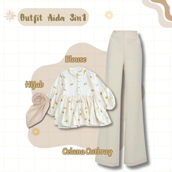 Grosir Outfit Aida 3In1 ( Hijab + Baju Blouse Katun + Celana Cutbray Scuba Panjang ) Oneset Aestheti