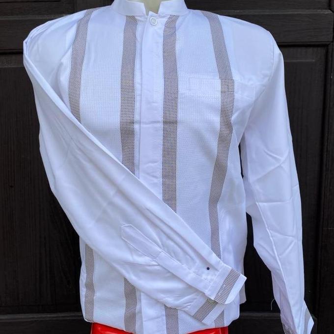 Baju Koko Putih Dewasa Katun India Motif Salur Muslim