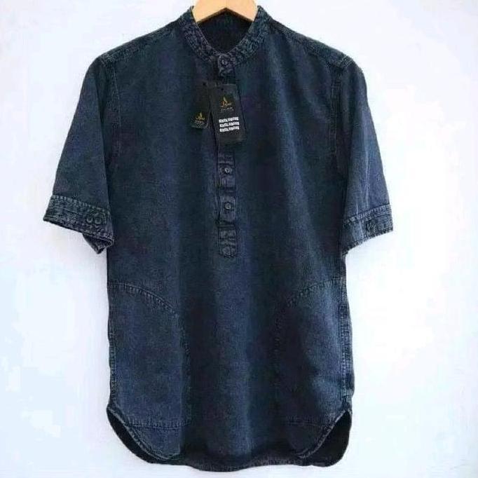 Avelora - Baju Koko Kurta Jeans Pria Dewasa  Muslim Lengan Pendek - Koko Jeans Denim Premium