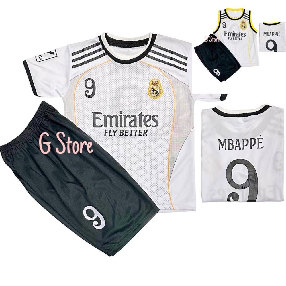OFFICIAL` SETELAN BAJU BOLA ANAK MADRID MBAPPE VINI BELLINGHAM COUPLE SINGLET MURAH SET SEPAK BOLA M