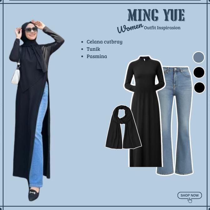 Setelan 3in1 Trend { Tunik + Cutbray Jeans + Pasmina } One Set korean Style | Fashion Wanita Kekinia
