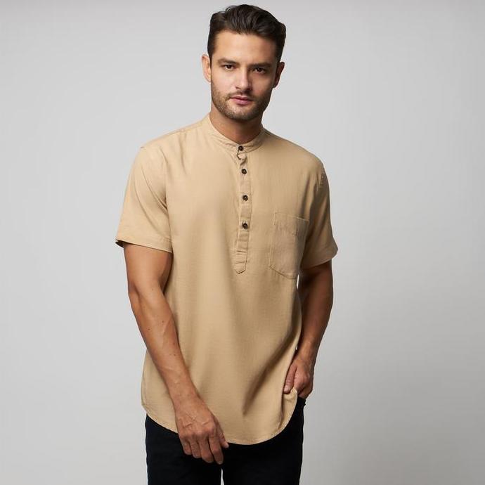 Kemeja linen peter nation kerah sanghai wangki warna khaki