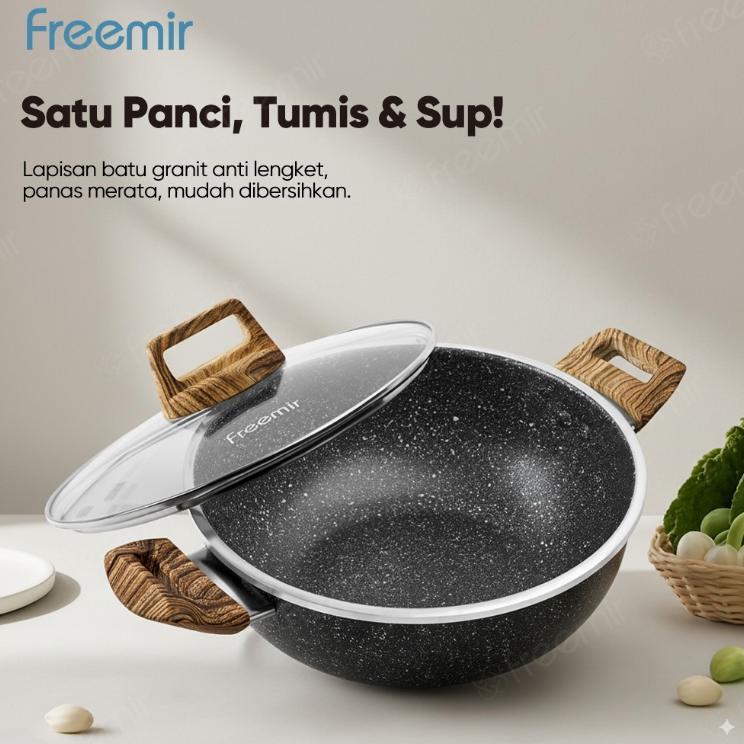 [OFFICIAL] freemir 24/20cm Panci Dua Handle dengan Tutup Kaca Tinggi 10cm wajan anti lengket panci a