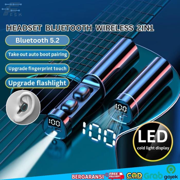 Earphone Bluetooth Headset Tws 5.2 N21 Senter/Flashlight Waterproof
