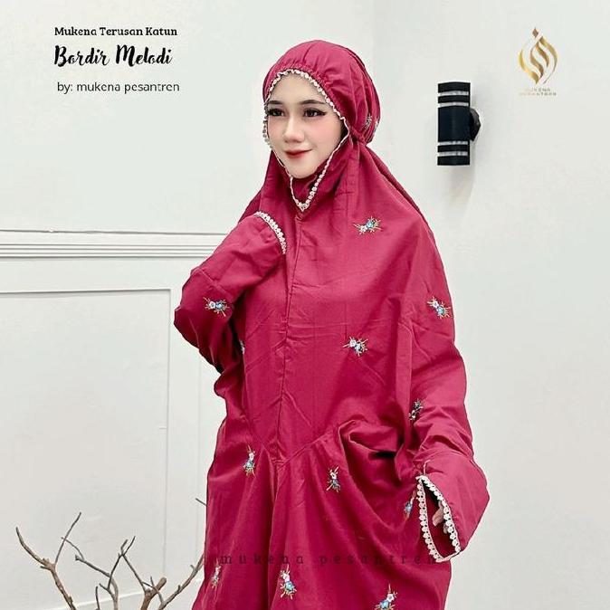 Otwkirim- Mukena Terusan Melodi Bordir Katun Mikro Cantik Dewasa Kain Nyaman Mukena  Putih Santri Mu