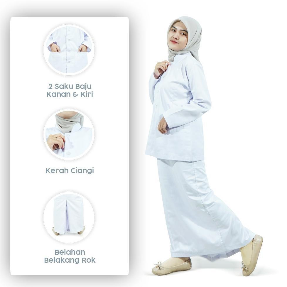 PREMIUM LINCURT - BAJU PERAWAT PUTIH SET ROK KLINIK RUMAH SAKIT WANITA LENGAN PANJANG
