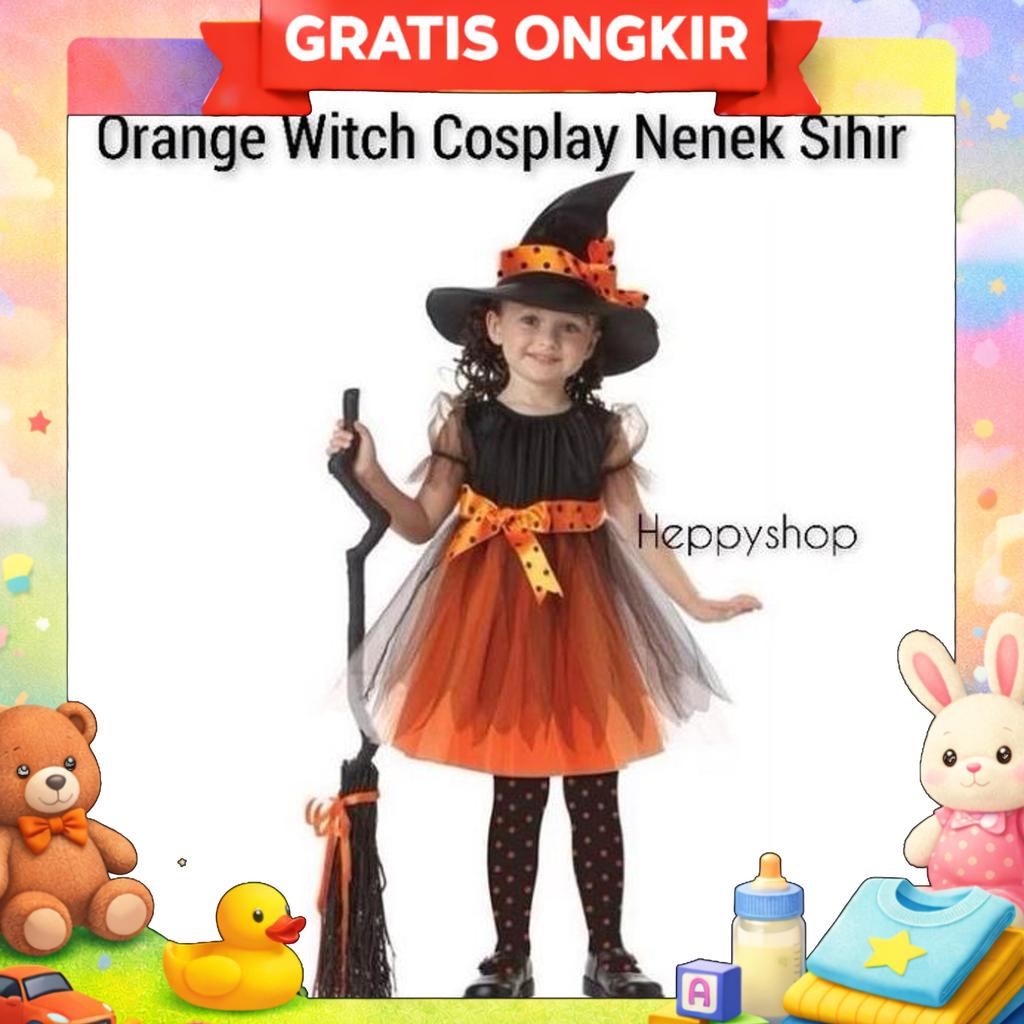 Kostum Halloween Anak Penyihir Orange Witch Cosplay Nenek Sihir