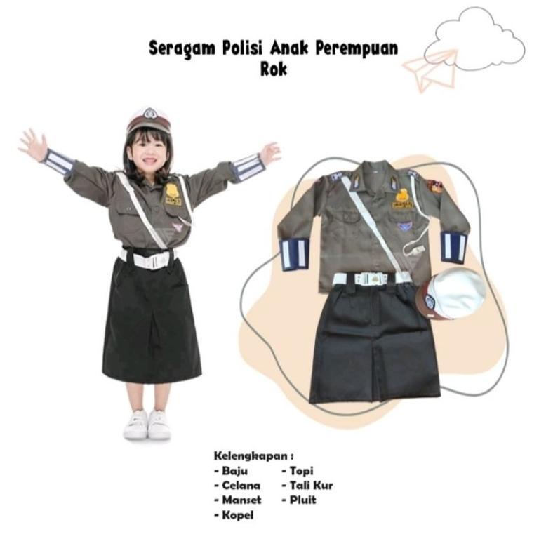 Baju Polisi Anak Perempuan//Baju Seragam Polwan Anak Setelan Rok Dan Celana/Kostum Karnaval/Bisa Cod