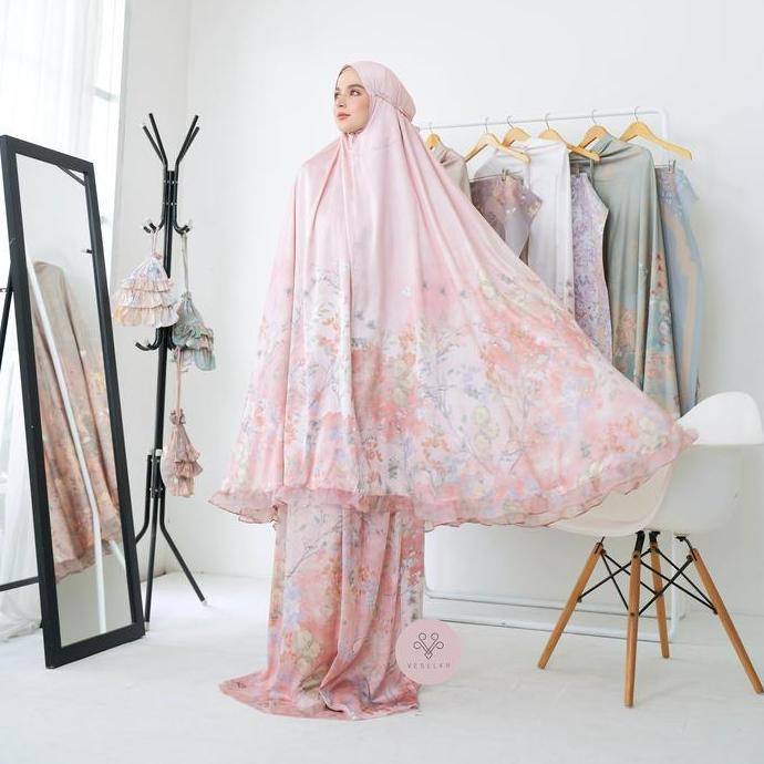 Veselka Mukena Dewasa Hawwa Signature Prayerset Jumbo Size With Sajadah Traveling Bunga atasan bawah