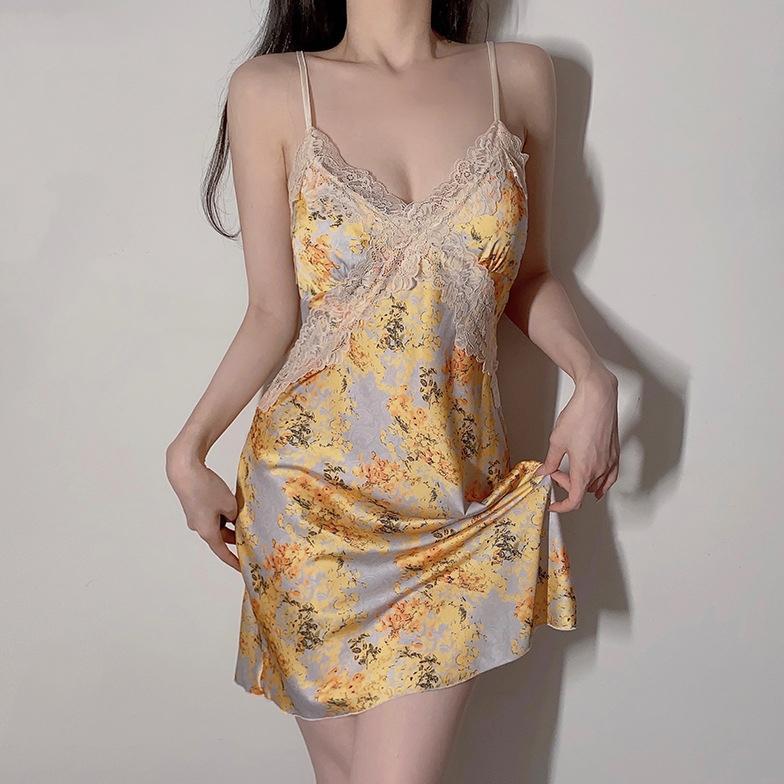 Dress Tidur Wanita Daster DS-6899 Ice Silk Baju Tidur Sleepwear Halus Baju Rumah Sling V Neck