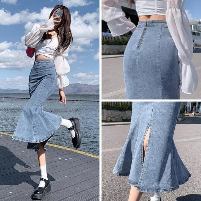 Viral  Rok Span Jeans Korean Style Sobek Rok High Waist Panjiang Rok Jumbo Size Peplum Skirts  Panja