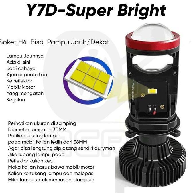Bycle- Zacro Y7D Lampu Led Mobil Dan Motor H4 Mini Projector Projie Super Bright 50 Watt Dilengkapi 
