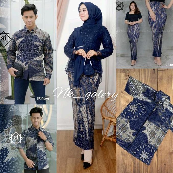 Couple Kebaya Modern Navy Batik Saroja Navy- Baju Setelan Kebaya Payet Pasangan Sarimbit