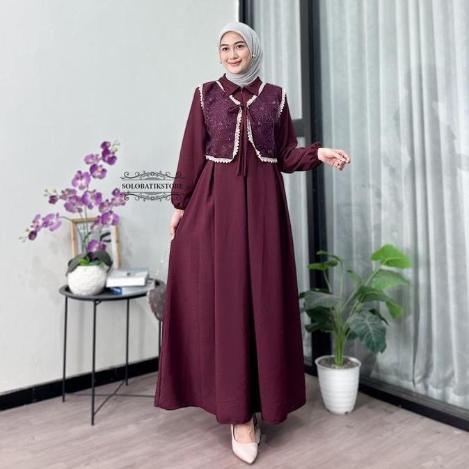 Solo Batik Store - Terbaru couple gamis burgundy baju koko lebaran terbaru 2025 - Maxi dress pasanga
