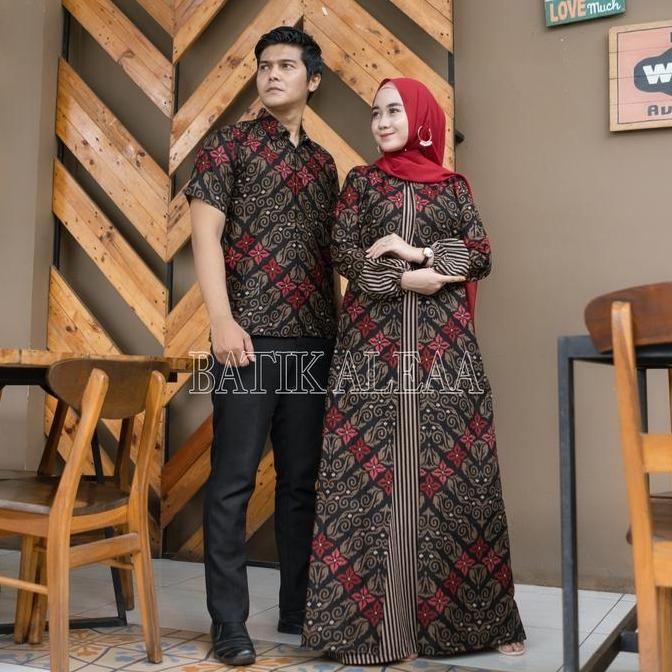 Couple  Gamis Batik Busui Hem Songket Merah Katun Muslim Wanita  Sarimbit Lebaran Pasangan