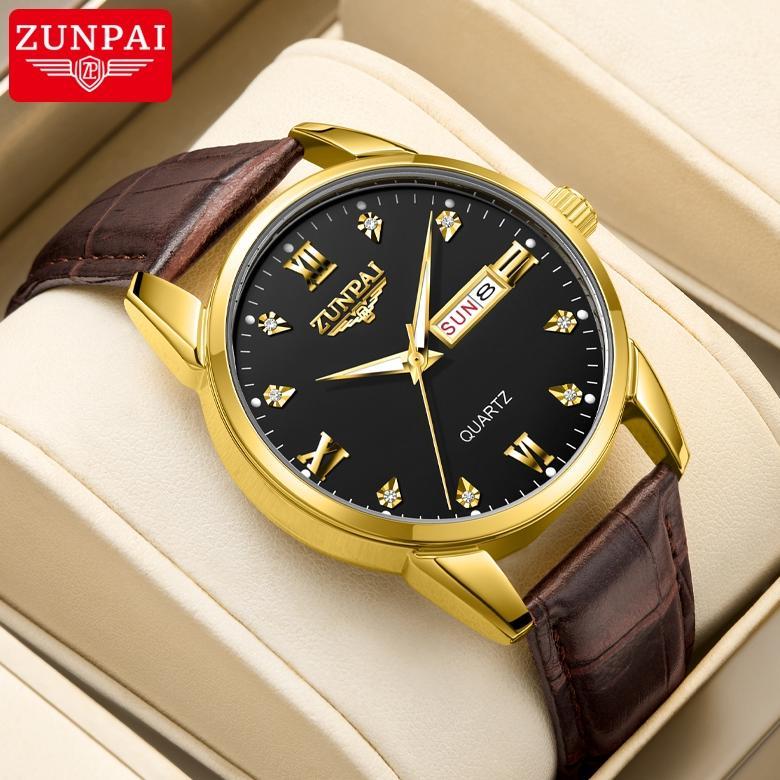 Thebest- ZUNPAI Jam Tangan Pria Asli Anti Air Kalender Bercahaya Bisnis Baja Tahan Karat Emas Jam Ta