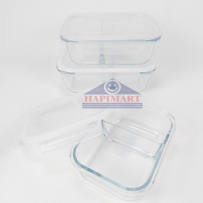 Bestone- Glasslock Wadah Tempat Makanan Persegi 2 Sekat Storage Putih Satuan
