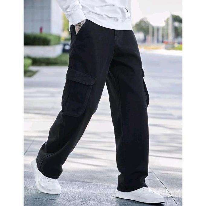 celana jeans cargo pria reguler Santai Panjang Standar high waist